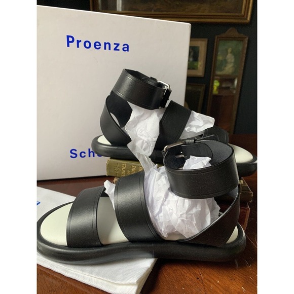 Proenza Schouler Sandals Black Leather Pipe Size 36 Chunky Flat Buckle 695 MSRP - Picture 2 of 14